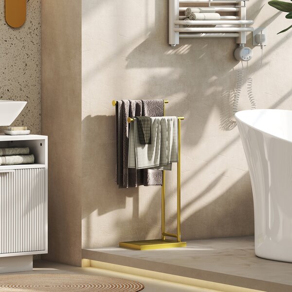 HOMCOM Portasciugamani da Bagno Moderno a Forma di L con 2 Barre e Struttura Metallica Portasciugamani, 35,5x20x78 cm, Oro | Aosom Italy