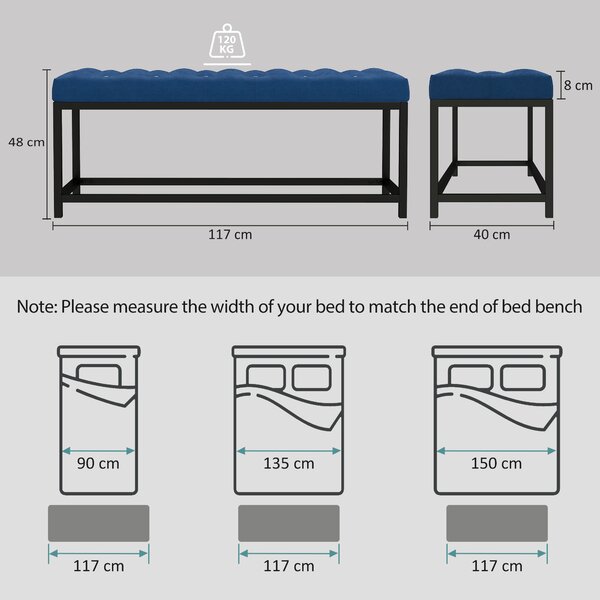 HOMCOM Panca ai piedi del letto Imbottita con Base in Metallo per Camera, Ingresso e Soggiorno, 117x40x48 cm, Blu | Aosom Italy