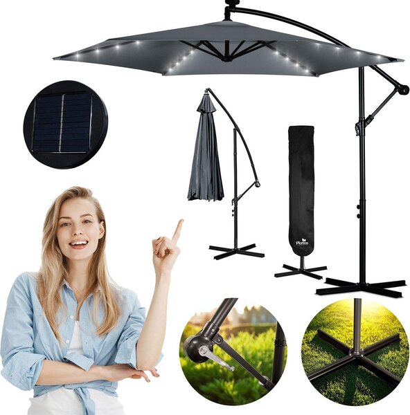 Ombrellone da giardino pieghevole 6 segmenti 350 cm con copertura e luci Plonos PL-882