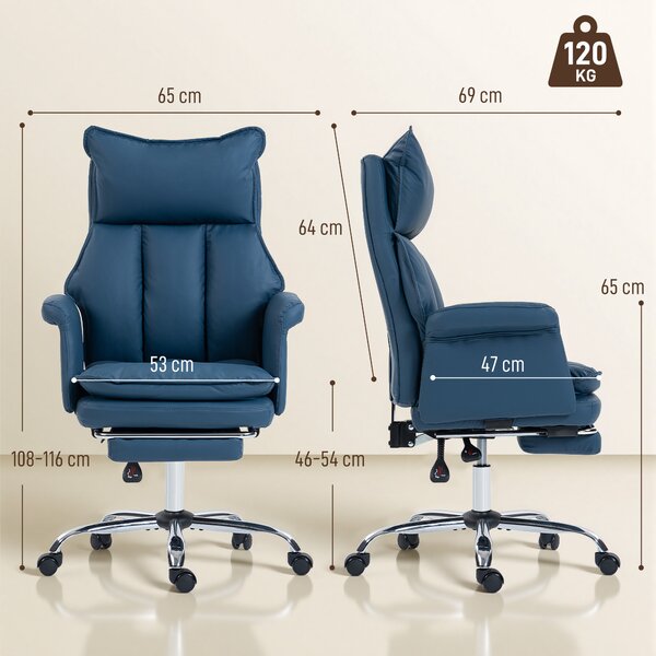 HOMCOM Sedia da Ufficio con Poggiapiedi e Schienale Reclinabile, Alto Imbottitura e Spessa Rivestita, 69x65x116 cm, Blu | Aosom Italy