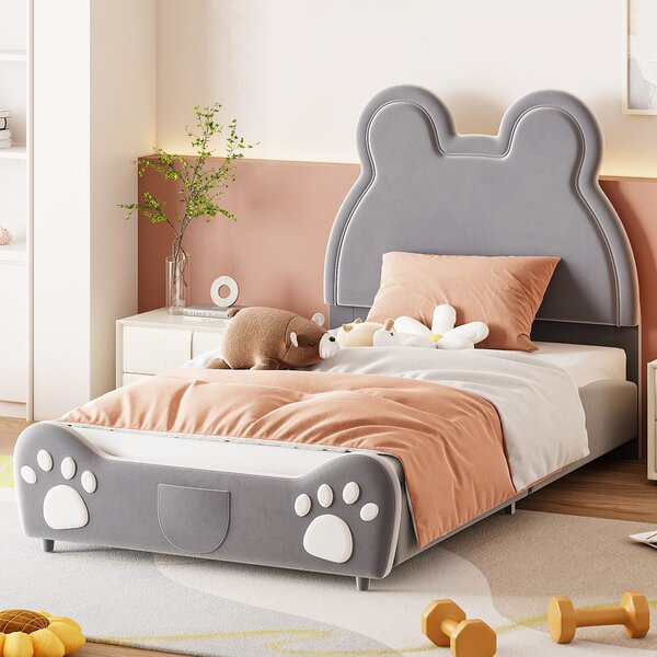 Letto imbottito Fortuna Lai 90x200cm, letto per bambini a forma di orso, letto singolo in tessuto vellutato skin-friendly, grigio