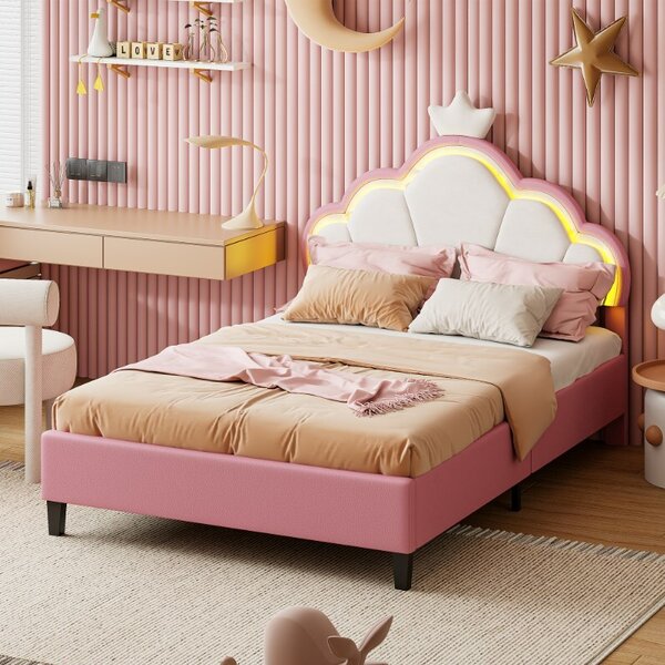 Letto imbottito Fortuna Lai 140*200cm con rete a doghe, letto da principessa a forma di , letto per ragazzi letto per bambini con led regolabile, letto matrimoniale, velluto, rosa