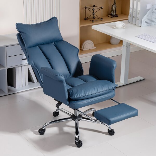 HOMCOM Sedia da Ufficio con Poggiapiedi e Schienale Reclinabile, Alto Imbottitura e Spessa Rivestita, 69x65x116 cm, Blu | Aosom Italy