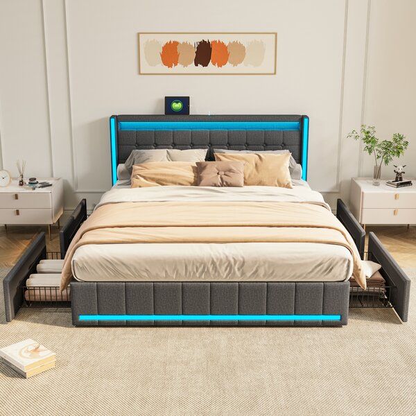 Letto imbottito Fortuna Lai 160x200cm con 4 cassetti, USB e type C, letto contenitore letto giovanile con rete a doghe e Led, letto funzionale letto matrimoniale in lino, grigio
