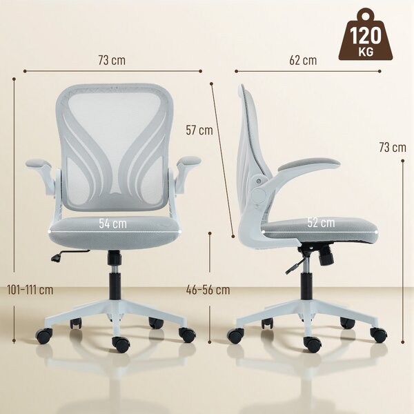 HOMCOM Sedia da ufficio con schienale ribaltabile e braccioli richiudibili, poltrona ergonomica in rete, 73x62x101-111cm, grigio chiaro | Aosom Italy