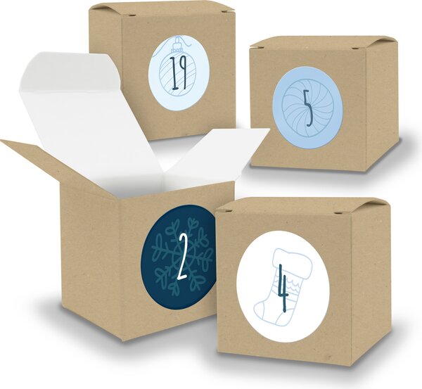 Calendario dell'Avvento da riempire, 24 cubetti da 6,5 cm MARRONE + adesivi V05 Z12