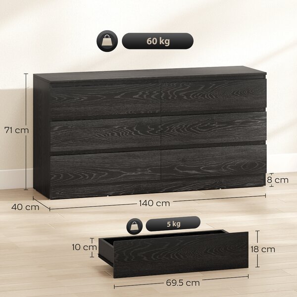 HOMCOM Cassettiera Moderno con 6 Cassetti, Cassettiera per Soggiorno, Camera e Ufficio, 140x40x71 cm, Nero Venato | Aosom Italy