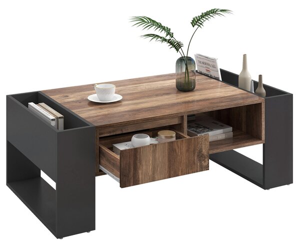 Tavolino Fortuna Lai in legno venato con 1 cassetto e vani portaoggetti, nero + grigio