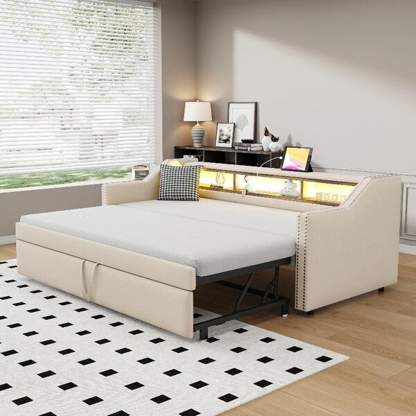 Divano letto 90x190 cm, estendibile a 180x190 cm, con struttura imbottita, rete a doghe, presa LED e USB, rivestito in lino beige, ideale per soggiorno o camera da letto
