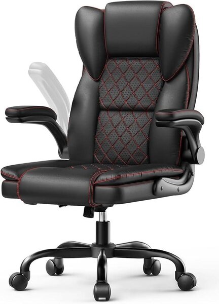 Sedia da ufficio, ampia sedia ergonomica con supporto lombare regolabile, poltrona in ecopelle per ufficio, sedia girevole con braccioli ripiegabili, poltrona reclinabile per ufficio e casa, colore nero