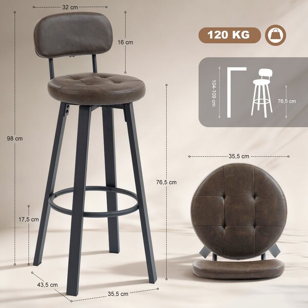HOMCOM Set di 2 Sgabelli Alti da Bar con Schienale e Poggiapiedi, Rotanti Rivestiti in PU e Struttura in Metallo, 35.5x43.5x98 cm, Marrone scuro | Aosom Italy