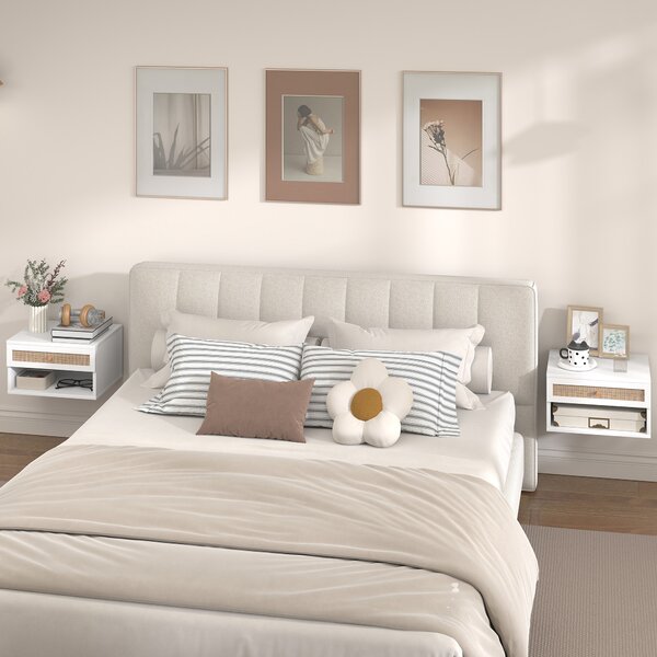 HOMCOM Set di Comodini Sospesi con Cassetto in Rattan e Ripiano Aperto per Camera, 40x34x23 cm, Bianco | Aosom Italy
