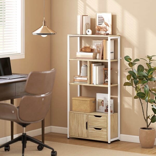 HOMCOM Libreria Scaffale con Ripiani, Cassetti e Anta per Libri, Stile Industriale, 58x24x122 cm, Bianco e Legno Naturale | Aosom Italy