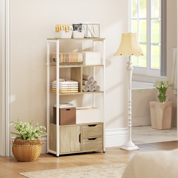 HOMCOM Libreria Scaffale con Ripiani, Cassetti e Anta per Libri, Stile Industriale, 58x24x122 cm, Bianco e Legno Naturale | Aosom Italy