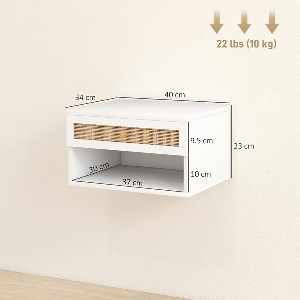 HOMCOM Set di Comodini Sospesi con Cassetto in Rattan e Ripiano Aperto per Camera, 40x34x23 cm, Bianco | Aosom Italy