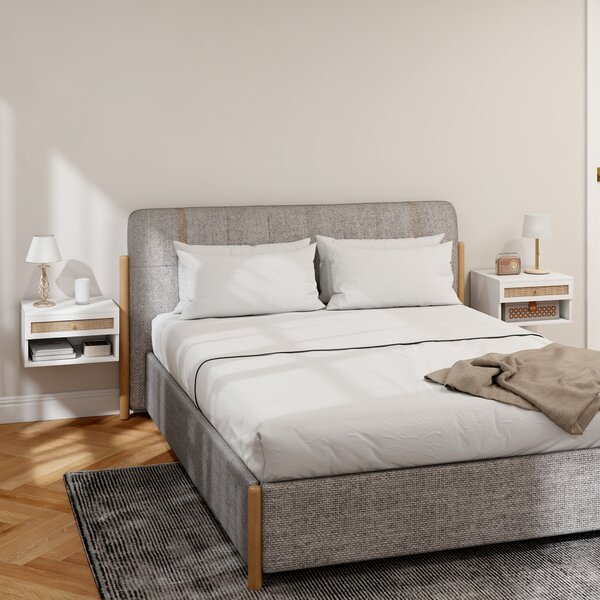 HOMCOM Set di Comodini Sospesi con Cassetto in Rattan e Ripiano Aperto per Camera, 40x34x23 cm, Bianco | Aosom Italy