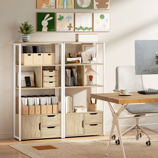 HOMCOM Libreria Scaffale con Ripiani, Cassetti e Anta per Libri, Stile Industriale, 58x24x122 cm, Bianco e Legno Naturale | Aosom Italy