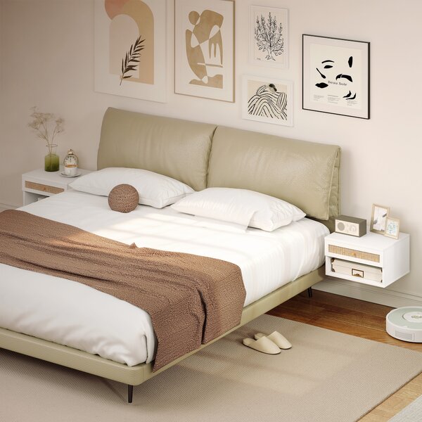 HOMCOM Set di Comodini Sospesi con Cassetto in Rattan e Ripiano Aperto per Camera, 40x34x23 cm, Bianco | Aosom Italy
