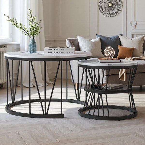 Tavolino Fortuna Lai 2 in 1 set tavolini in look marmo, set di 2 tavolini con ripiano, Ø 70 x 45/Ø 45 x 40 cm, struttura in metallo