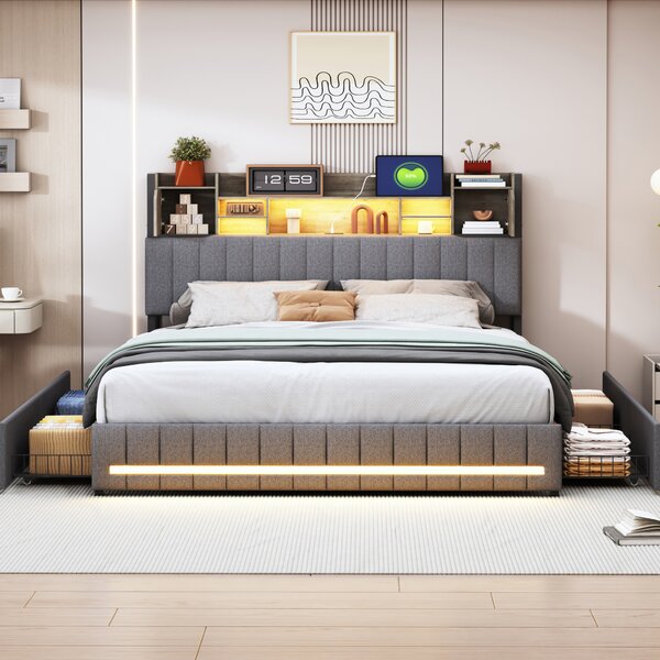 Letto imbottito Fortuna Lai 140x190cm con USB e LED, letto per ragazzi letto matrimoniale con 4 cassetti, letto contenitore letto in legno massiccio con rete a doghe, lino, grigio