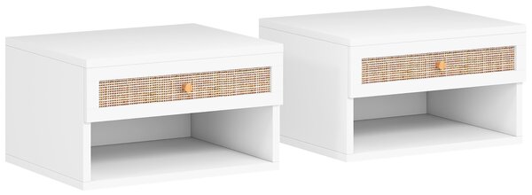 HOMCOM Set di Comodini Sospesi con Cassetto in Rattan e Ripiano Aperto per Camera, 40x34x23 cm, Bianco | Aosom Italy