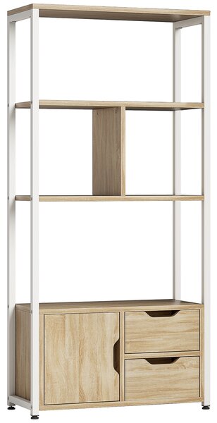 HOMCOM Libreria Scaffale con Ripiani, Cassetti e Anta per Libri, Stile Industriale, 58x24x122 cm, Bianco e Legno Naturale | Aosom Italy