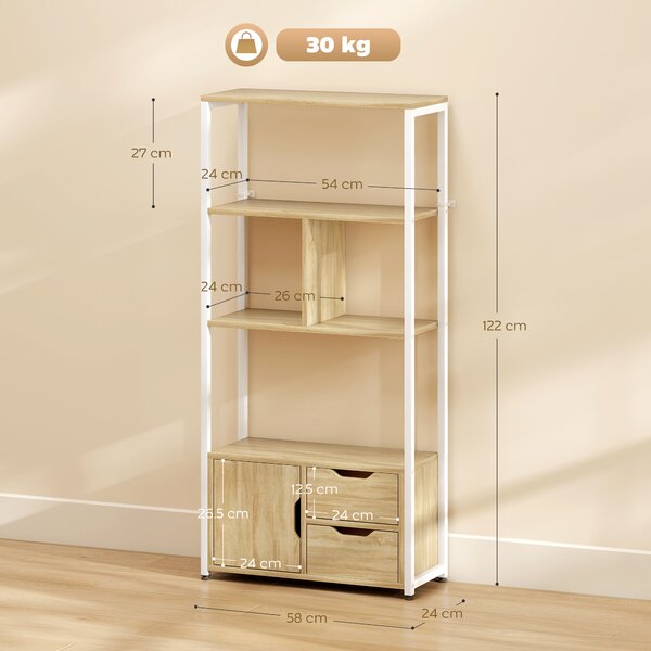HOMCOM Libreria Scaffale con Ripiani, Cassetti e Anta per Libri, Stile Industriale, 58x24x122 cm, Bianco e Legno Naturale | Aosom Italy