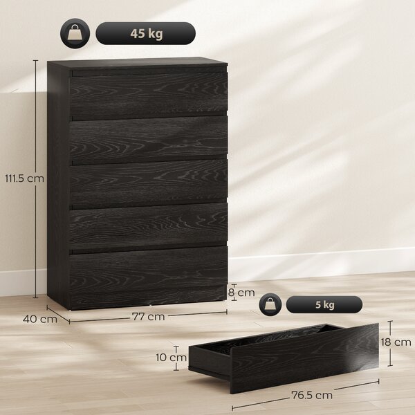HOMCOM Comò Moderno per Camera da Letto 5 Cassetti, Cassettiera per Soggiorno e Ufficio, 77x40x111,5 cm, Nero Venato | Aosom Italy