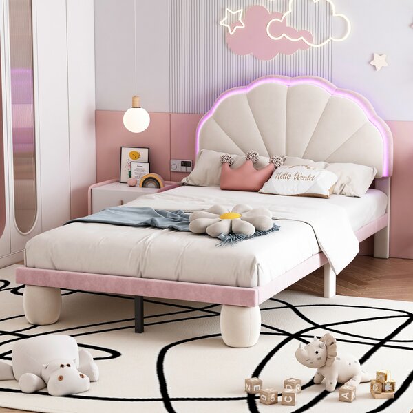 Letto imbottito Fortuna Lai 90x200cm con testata smerlata e LED, gambe tonde imbottite e rete a doghe, letto per ragazzi letto per bambini letto singolo in velluto, beige/rosa