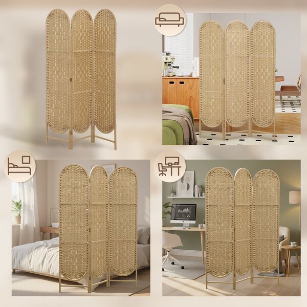 HOMCOM Paravento divisorio pieghevole 3 pannelli con parte superiore arcuata intrecciato a mano, 120x170 cm, naturale | Aosom Italy