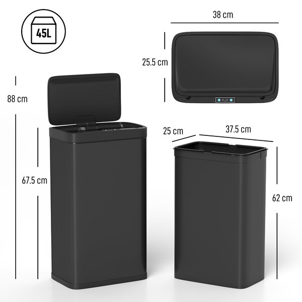 HOMCOM Cestino Automatico per rifiuti con Contenitore Interno Rimovibile e Sensore a Infrarossi, 38x25.5x67.5 cm, Nero | Aosom Italy