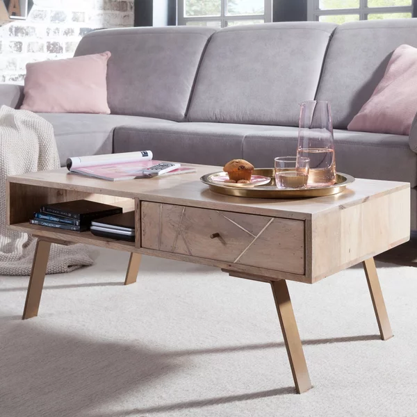 FineBuy Tavolino in legno massiccio di mango rettangolare 95cm - Tavolino da salotto con cassetto e ripiano - Stile country con gambe in metallo dal design retrò