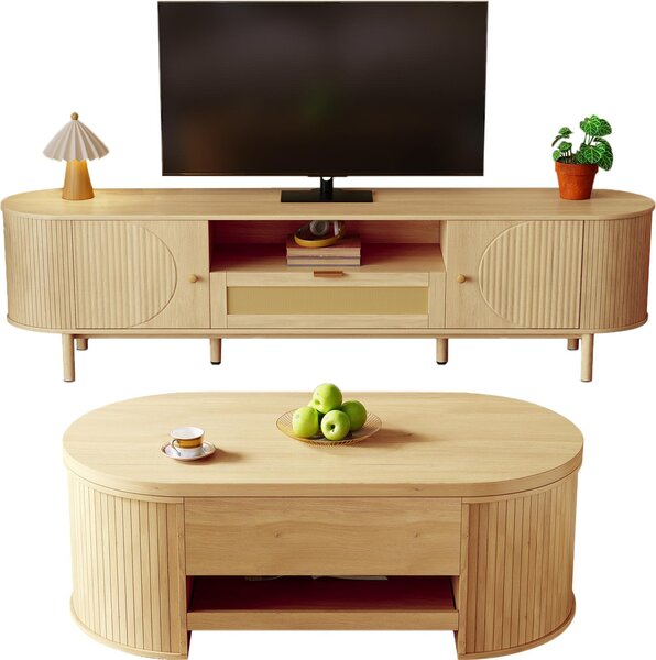 Set di mobili per soggiorno Fortuna Lai, con tavolino regolabile in altezza e mobile TV – design moderno, spazio contenitivo, bordi arrotondati – elementi coordinati (disponibili anche singolarmente)