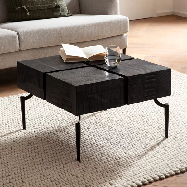 Tavolino in legno massiccio di mango 60x60x40 cm quadrato con struttura in metallo, tavolino a forma di cubo, tavolino per soggiorno divano moderno, tavolino cubo nero | Wohnling