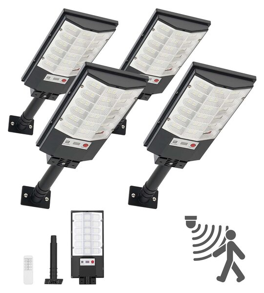 Lampada solare a LED per strada - Set da 4 - 500 W - 50.000 lm - Con sensore crepuscolare - Rilevatore di movimento - Impermeabile IP65 - Illuminazione esterna per vialetti e cortili