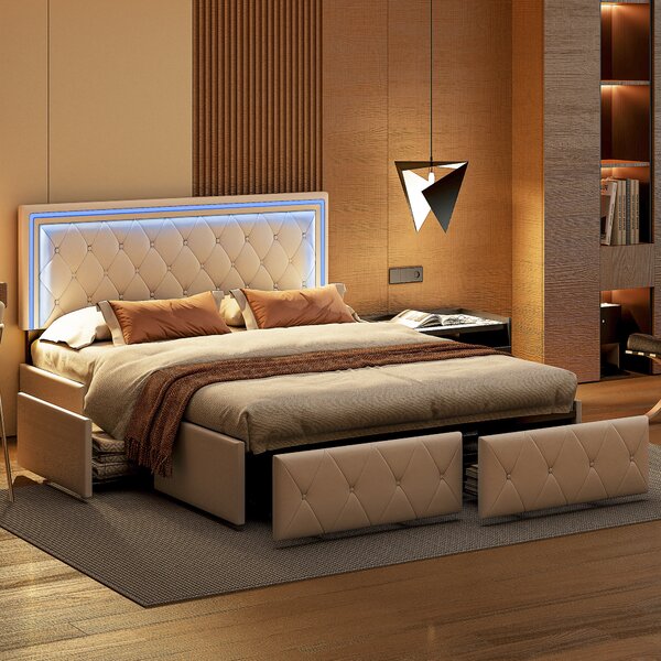 Letto imbottito Fortuna Lai 160x200cm con LED, testata regolabile in altezza e 4 cassetti, letto matrimoniale funzionale con rete a doghe e rivestimento in Pelle finta, bianco