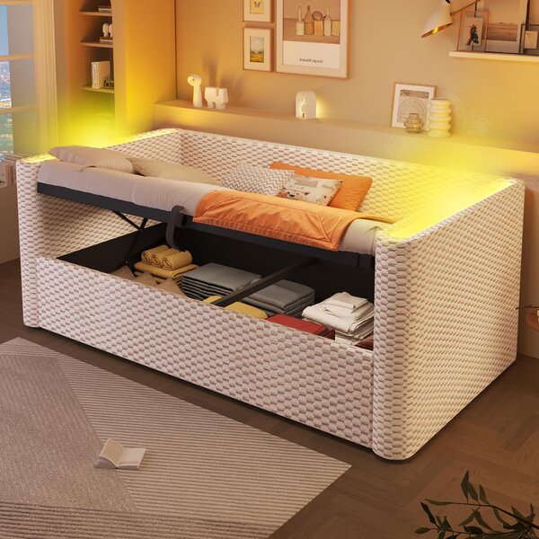 Divano letto 90x200 cm con rivestimento in velluto color beige, spazio contenitore con sistema idraulico e illuminazione LED multicolore, ideale per soggiorno e camera da letto