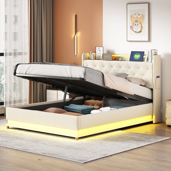 Letto imbottito Fortuna Lai 160x200cm con strisce luminose a LED e connessione di ricarica USB, letto funzionale idraulico con contenitore, letto matrimoniale con rete a doghe e testiera per adulti e ragazzi, beige
