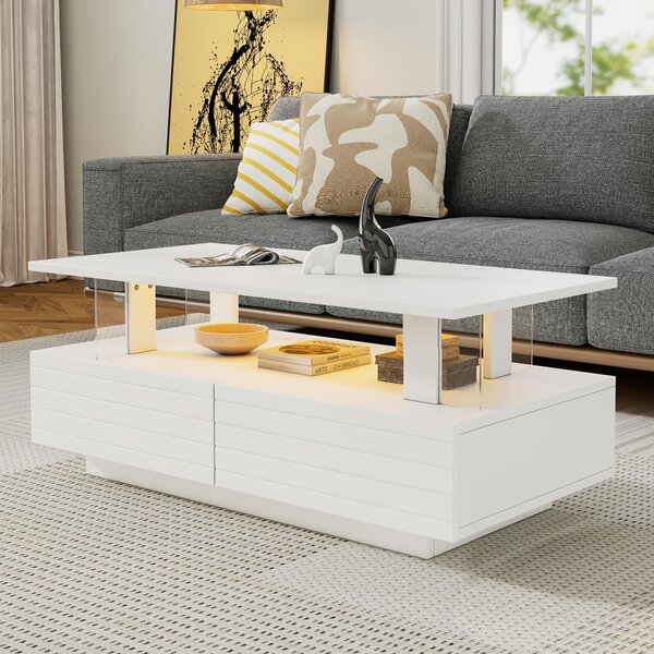 Fortuna Lai Tavolino LED bianco con funzione di archiviazione, tavolino da salotto LED in acrilico, tavolino ausiliario, tavolino rettangolare a doppio strato con controllo tramite app Bluetooth per cellulare, adatto per feste, uffici