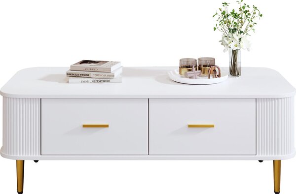 Tavolino Fortuna Lai con 4 cassetti - tavolino da salotto con angoli curvi e lati ondulati - in MDF bianco