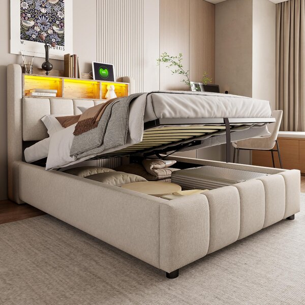Letto imbottito Fortuna Lai 90*200 cm con illuminazione a LED e porta USB, testiera con ripiani e vano contenitore, con vano contenitore idraulico, letto singolo per bambini, lenzuola beige