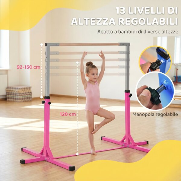 Sbarra per Ginnastica Artistica Sbarra Danza Classica Panche e attrezzi Rosa e grigio 197L x 121P x 92-150Acm Acciaio, Legno di faggio Homcom|Aosom
