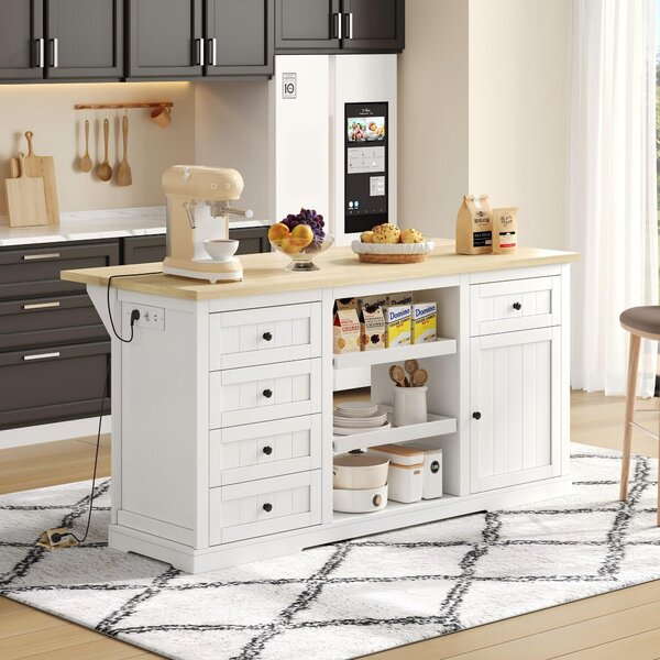 Mobile contenitore Fortuna Lai, ideale per cucina, sala da pranzo e soggiorno, con 5 cassetti, 2 ripiani estraibili, piano di appoggio ribaltabile e prese di corrente integrate. Colore: bianco. Dimensioni: 150 x 65 x 75 cm