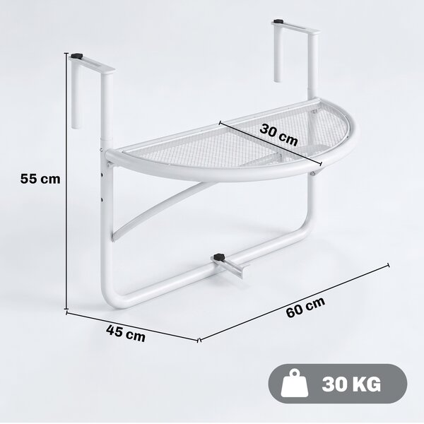 Outsunny Tavolino da Balcone Pieghevole, Metallo, 3 Altezze Regolabili, da Appendere alla Ringhiera, 60x45x50cm, Bianco|Aosom