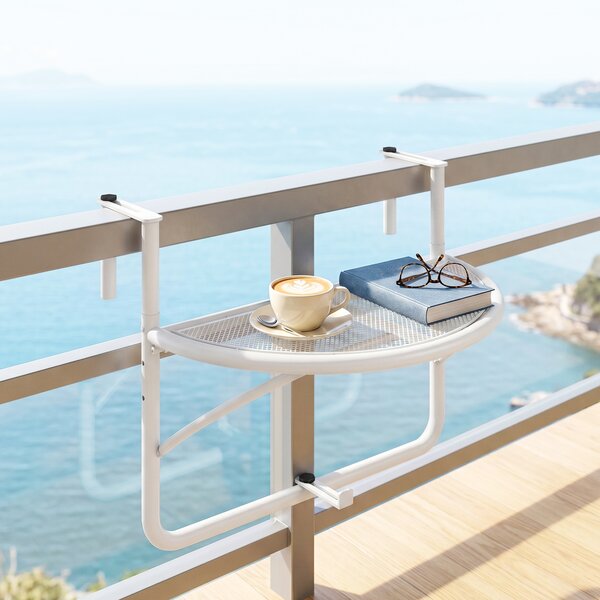 Outsunny Tavolino da Balcone Pieghevole, Metallo, 3 Altezze Regolabili, da Appendere alla Ringhiera, 60x45x50cm, Bianco|Aosom