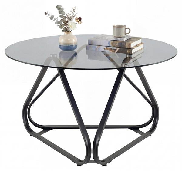 Tavolino da caffè rotondo KOMFOTTEU, diametro 80 cm, tavolo da salotto con piano in vetro temperato, struttura triangolare robusta e piedini regolabili, tavolino ausiliario indipendente per soggiorno, camera da letto e ufficio