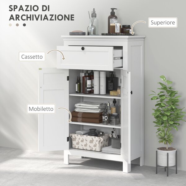 HOMCOM Mobile Bagno con 2 Ante e Cassetto, Mobiletto Bagno Salvaspazio con Ripiani Regolabili, 60x30x102.5 cm, Bianco | Aosom Italy