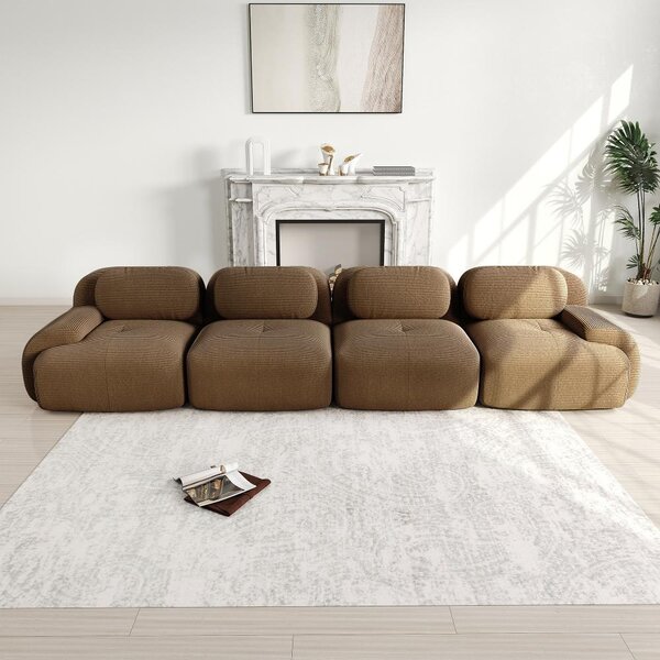 Divano a 4 posti in morbido tessuto corduroy, divano angolare modulare marrone, divano senza struttura che non richiede montaggio, dimensioni 388x103x70 cm, adatto agli animali domestici