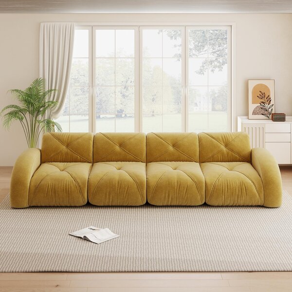 Divano modulare giallo, divano a quattro posti senza struttura, realizzato in tessuto chenille. Design antiscivolo, dimensioni 358x95x76 cm, non richiede montaggio