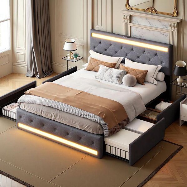 Letto imbottito Fortuna Lai 140x200 cm in grigio, letto funzionale con 4 cassetti, testata regolabile in altezza, presa LED e USB, rivestimento in lino